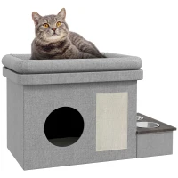 PawHut Kattenhuis, voerbak met 2 roestvrijstalen kommen, krabmat, zacht ligkussen, 78 x 48 x 49,5 cm, grijs(m-11)