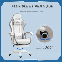 Vinsetto Chaise gaming fauteuil gaming ergonomique avec dossier inclinable à 135° et soutien lombaire, 65 x 65 x 121-129 cm blanc(m-6)