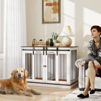 PawHut Hondenbench met 2 Deuren, Hondenbox, Transportbox voor Honden, Rustiek Ontwerp, Vergrendelbaar, Wit(m-2)