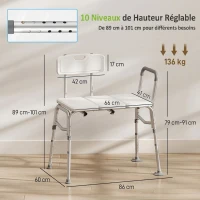 HOMCOM Banc de Transfert Baignoire, Hauteur Réglable à 10 Niveaux, Large Assise, Dossier, Accoudoir, 86x60x89-101cm, Blanc(m-3)