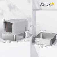 PawHut Kattenbak, Bak van roestvrij staal, Filter, Schep, voor katten tot 6 kg, 40,5 x 60,5 x 41,5 cm, Grijs/Zilver(m-3)