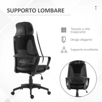 Vinsetto Sedia da Ufficio Reclinabile con Poggiatesta e Supporto Lombare, in Poliestere, 64x55x116-126 cm, Nero(m-6)