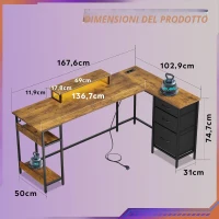 Scrivania angolare a L, LED controllabili via app e stazione di ricarica integrata, 167,5x50x87,5 cm, marrone(m-3)