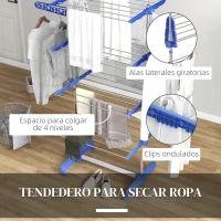 HOMCOM Tendedero Vertical de 4 Niveles con 6 Ruedas 2 Laterales Abatibles Estantes Ajustables y Marco de Acero Inoxidable Azul(m-5)
