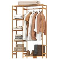 HOMCOM Cuier din Bambus cu Rafturi pe 6 Niveluri și Bară pentru Umerașe, 90x30x145 cm, Lemn Natural(m-12)