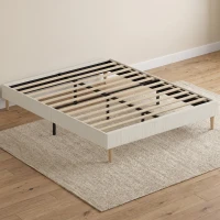 HOMCOM Cadru de pat 160 x 200 cm cu somieră, pat dublu tapițat din catifea moale, cu model striat, crem(m-2)