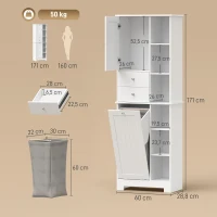 HOMCOM Badkamerkast 171 cm hoog, smalle kast met uitschuifbare wasmand en 2 lades, wit(m-3)