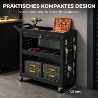 HOMCOM Gereedschapswagen met afsluitbare wielen, rollende werkplaatswagen met 3 niveaus, lade en perforatieplaten, Zwart(m-7)