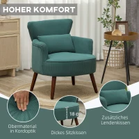 HOMCOM Moderne armleunstoel, gestoffeerde accentstoel met lendenkussen, poten van rubberhout, Donkergroen(m-5)