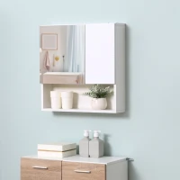 kleankin Armario de Baño con Espejo Mueble Auxiliar Montado en Pared con Estane Abierto y 2 Puertas con Balda Interior Ajustable 54x15x55 cm Blanco(m-10)
