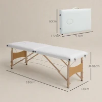 HOMCOM Mobiele Massagetafel 2 Zones Opvouwbaar, Verstelbaar, 60 cm Breed, met Draagtas en Houten Poten, Crèmewit(m-3)
