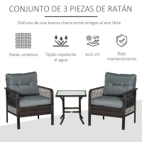 Outsunny Conjunto de Muebles de Ratán Juego de 3 Piezas de Jardín 2 Sillones 65x66x75 cm y Mesa de Vidrio Templado 50x50x50 cm con Cojines Acolchados para Terraza Patio Marrón y Gris(m-4)
