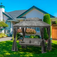 Outsunny Dondolo da Giardino 3 Posti Lettino e Gazebo Design 3 in 1 con Tettuccio, 256x172x248 cm, Grigio Scuro(m-10)