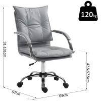 Vinsetto Poltrona Sedia da Ufficio Design Moderno Altezza Regolabile Imbottita, Pelle PU Cotone PP, Grigio, 64 x 57 x 91-101 cm(m-3)