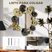 HOMCOM Adorno de Pared Metálico con Espejo Decorativo para Salón Dormitorio Pasillo 84x84 cm Dorado y Negro(m-5)