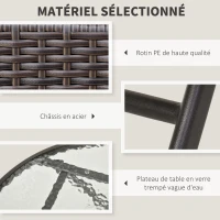 Outsunny Ensemble salon de jardin 2 places table ronde pliable plateau verre trempé chaises pliantes résine tressée chocolat(m-6)