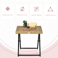 Outsunny Table basse pliable de jardin style cosy chic dim. 40L x 40l x 40H cm métal époxy résine tressée bois naturel(m-5)