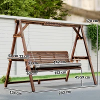 Outsunny Hollywoodschommel, 3-zits tuinschommel van hout, houten schommel met zitkussen en zijtafeltjes tot 330 kg Verkoold(m-3)