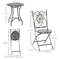 Outsunny tuinset 3-delige mozaïektafel eetgroep tuinmeubelset 1 tafel + 2 opklapbare stoelen terras metaal meerkleurig(m-3)