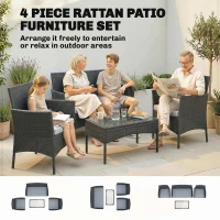 Outsunny 4 Piece Rattan Garden Furniture Sofa Set with Loveseat, Armchairs, Glass-Top Coffee Table and Cushions, Black(m-4)