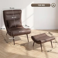 HOMCOM Sillón con Reposapiés Asiento Ancho Cojín Lumbar y Respaldo Curvo Tapizado en Leathaire Patas de Acero Marrón Oscuro(m-3)