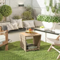 Outsunny Side Table 2-Tier Outdoor Coffee Table with Storage Shelf PS Wood Slat Top/Khaki(m-2)