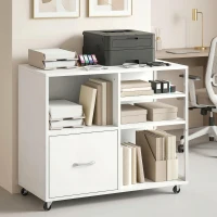 HOMCOM Mueble para Impresora con Ruedas Mesa para Impresora con Estantes Abiertos y Cajón para Documentos Tamaño A4 Blanco(m-7)