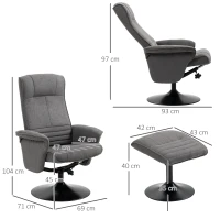 HOMCOM fauteuil met voetenbank, verstelbare rugleuning, 69 cm x 71 cm x 104 cm, donkergrijs+zwart(m-3)