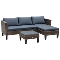 Outsunny 3 Pcs Garden Sofa PE Rattan Set w/ 2 Seats Square Glass Top Coffee Table Thick Cushions Solid Legs Metal Frame Patio Outdoor Balcony Patio L Corner Shape - Grey(m-1)