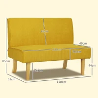 HOMCOM Tweezitsbank met Corduroy Bekleding, Dikke Vulling en Stevige Houten Poten voor Woonkamer, Slaapkamer, Kantoor, Geel(m-3)