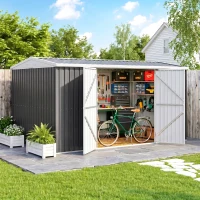 Outsunny 14 x 8ft Outdoor Garden Metal Storage Shed with Lockable Door, Tool Storage Box for Garden, Patio and Lawn, Grey(m-2)