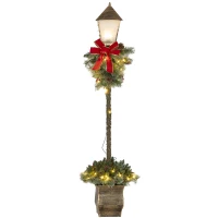 Outsunny Kerstlantaarn met Bessen, Dennenappels & Strik, LED-Lichtjes, Metalen Paal, 150 cm(m-1)