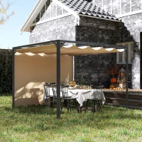 Outsunny 3 x 3m Aluminium Pergola, with Retractable Roof and Wall - Khaki(m-10)