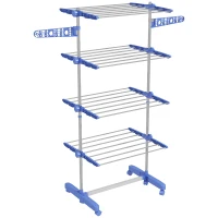 HOMCOM Tendedero Vertical de 4 Niveles con 6 Ruedas 2 Laterales Abatibles Estantes Ajustables y Marco de Acero Inoxidable Azul(m-1)