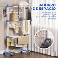 HOMCOM Tendedero Vertical Plegable con Ruedas Tendedero de Ropa de 3 Niveles con Alas Plegables 125x64x172 cm Azul y Blanco(m-6)