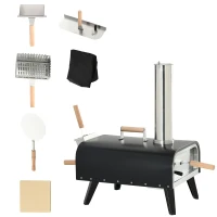 Outsunny Forno per Pizza Pieghevole e Portatile con Pala e Pietra, in Acciaio e Legno, 81x40x72 cm, Nero(m-11)