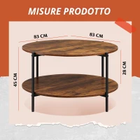 Tavolino rotondo a due livelli, ampio spazio contenitivo, gambe regolabili, 83x83x44,5 cm, Marrone(m-3)