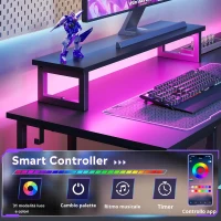 Scrivania da gaming 2-in-1, convertibile in forma a L o a I, ripiano rialzato per monitor, 140x50x87,5 cm, Nero(m-5)