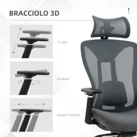Vinsetto Sedia da Ufficio Reclinabile con Poggiatesta, Supporto Lombare e Altezza Regolabili, Grigio(m-8)
