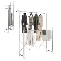 HOMCOM Séchoir à linge pliable étendoir linge intérieur à 3 barres réglables et 4 roulettes 104-150 x 103 x 145-197 cm argent(m-11)