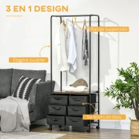 HOMCOM Meuble dressing penderie style industriel avec 6 tiroirs en tissu et 4 roulettes 63,5 x 40 x 172,5 cm noir marron(m-4)