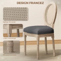 HOMCOM Set 2 Scaune de Dining Vintage, Material cu Efect de In, Spătar din Ratan Perforat, Picioare din Lemn, Gri(m-4)