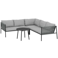 Outsunny Conjunto Jardín Exterior de Ratán con 2 Sofás de 2 Plazas Sofá Esquina Mesa Redonda Cojines Terraza Gris Oscuro(m-11)