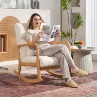 HOMCOM Fotoliu Balansoar 90°-130° cu Pernă Lombară, Acoperit cu Material Textil Sherpa, 64.5x82x89 cm, Alb și Lemn Natur(m-8)