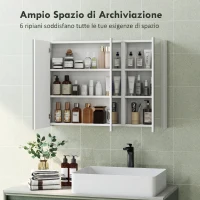 HOMCOM Specchio Bagno Contenitore con 3 Ante, 91.5x11.5x65 cm, Mobile Bagno da Parete, Ripiani Regolabili, Bianco(m-4)