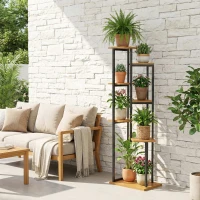 Outsunny 7-lagen Plantenstandaard, 130 cm hoge Bloemenstandaard, Trapsgewijs Plantenrek van Hout, Meerlagig Lichtbruin(m-9)