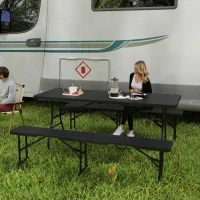 Outsunny Picknicktafel en Banken, 3-Delige Set, Opvouwbaar, Kunststof, Metaal, Zwart(m-2)