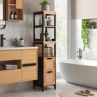 Kleankin Colonna Bagno con 2 Cassetti e 3 Vani Aperti in Legno MDF e Bambù 30x30x142.5 cm(m-2)