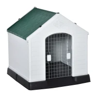 PawHut Caseta de Perro Casa para Perros Medianos con Puerta Metálica con Cerradura Techo Inclinado Base Elevada para Interior Exterior 78x87x81 cm Blanco y Verde(m-1)