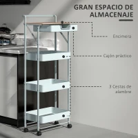 HOMCOM Carrito Auxiliar con Ruedas de 4 Niveles con Cajón Encimera y Cestas de Rejilla para Dormitorio Baño Cocina Verde Claro(m-5)